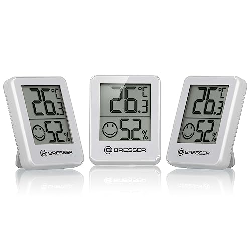 Bresser 3er Set Thermometer Hygrometer - Digitales Raumthermometer für Kontrolle Innenraum Luftfeuchtigkeit, Kühlschrankgeeignet, Wandmontage und Magnet, Schimmelvorbeugung - Indikator Smiley, Weiß von Bresser