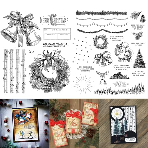 Frohe Weihnachten Santa Claus Stechpalme Jingle Bell Happy New Year Winter Wishes 2 PCS Silikon Clear Stamps for DIY Scrapbooking Embossing Craft Gift Card Album Card Making von Briartw