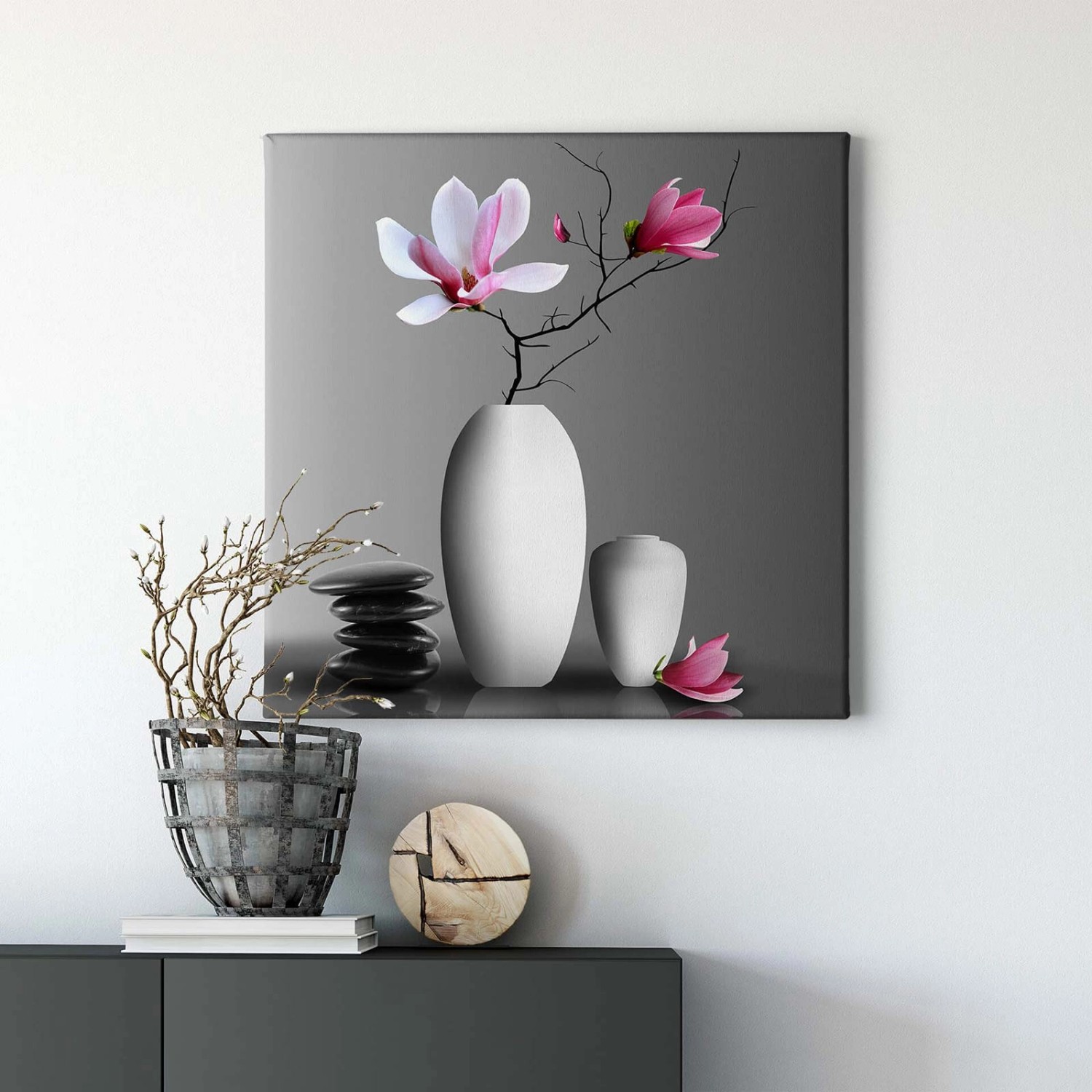 Bricoflor Badezimmer Und Flur Bild Mit Magnolie Leinwand Bild Mit Blume In Vase In Grau Und Pink Wellness Wandbild Mit Steinen Und Blüten von Bricoflor