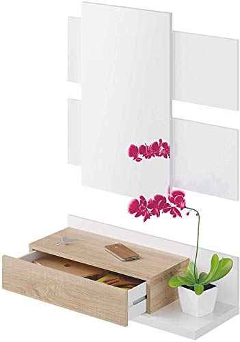 Eingangsmöbel mit Schublade und Spiegel, Nussbaum und glänzend weiß, Maße 75 x 90 x 29 cm von Bricozone