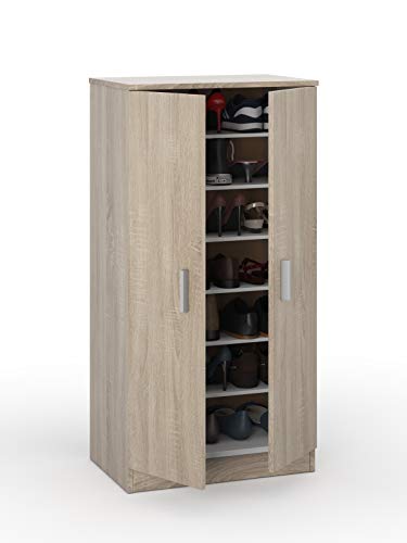 Multifunktions-Kleiderschrank mit 2 Türen mit 6 Regalen, Mehrzweck-Schuhregal, Aufbewahrungsschrank mit Regalen, cm 55x36h108, Farbe Eiche von Bricozone