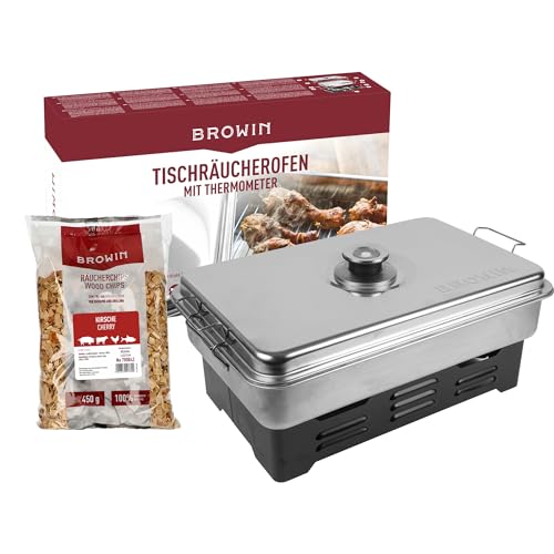 BROWIN® Edelstahl Tischräucher-Set mit Thermometer 330010 |inkl. Holzhackschnitzel | Tischräucherofen | Fisch & mehr Grillen und Räuchern | Camping-Zubehör von Browin