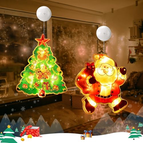 2 Stück Fenster Weihnachtsbeleuchtung Edel, Fensterlicht Weihnachten Batterie Bunt LED, Leuchtstern Fenster Saugnapf 3D, Weihnachtsdeko Amerikanisch Beleuchtet Aufhängen Warmweiß (Baum/Nikolaus) von Bseical