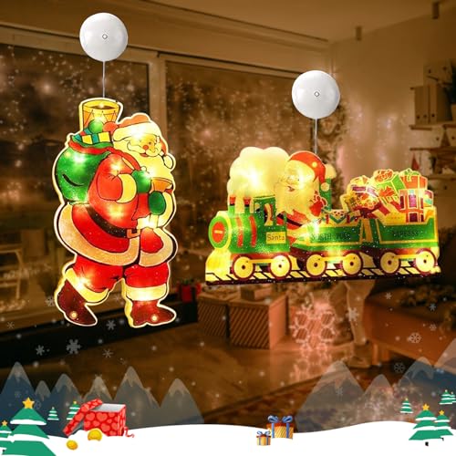 2 Stück Fenster Weihnachtsbeleuchtung Edel, Fensterlicht Weihnachten Batterie Bunt LED, Leuchtstern Fenster Saugnapf 3D, Weihnachtsdeko Amerikanisch Beleuchtet Aufhängen Warmweiß (Zug/Nikolaus) von Bseical