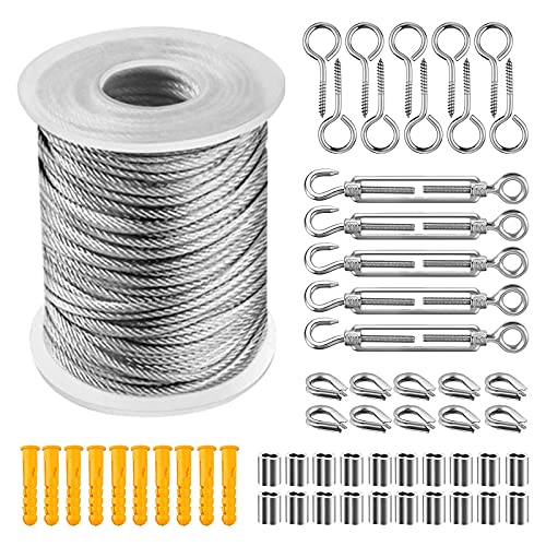 Drahtseil Set, Stahlseil mit ösen Edelstahlseil Gardinenaufhängung Wäscheleine, Seilspanner Spannseil, 5 Spannschloss Edelstahl, 10 Augenschraube, 20 Drahtseilklemme,10 Kausche (15m) von Bseical