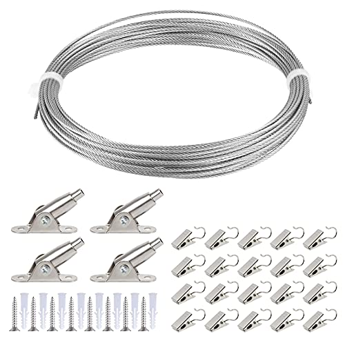 Stahlseil Edelstahlseil 2mm, 10m Drahtseil Set, mit 20x Drahtseilklemme mit Haken 4x Seilspanngarnitur, für Edelstahl Drahtseil Aufhängung Lampe und Vorhang (Silber) von Bseical