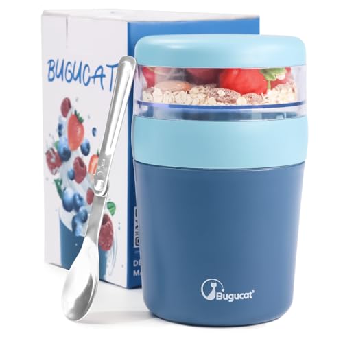 Bugucat 2in1 Müslibecher to Go 500ml+150ml, Praktischer Joghurtbecher & Müslibecher für Picknick, Auslaufsicherer Lunchpot Joghurtbecher to Go mit Löffel, Salatbecher Yoghurt to Go mit Löffel, Blau von Bugucat