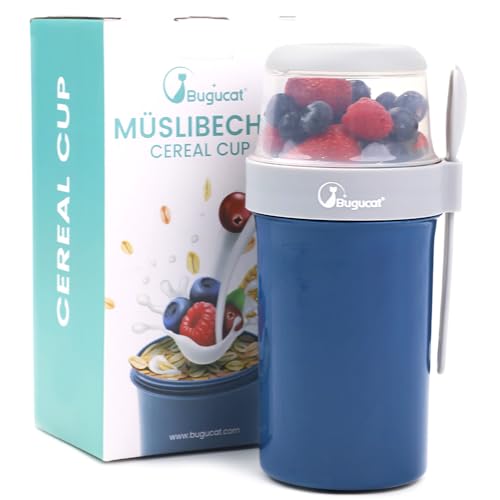 Bugucat 2in1 Müslibecher to Go 760ml+310ml, Praktischer Joghurtbecher & Müslibecher für Picknick, Auslaufsicherer Lunchpot Joghurtbecher to Go mit Löffel, Salatbecher Yoghurt to Go mit Löffel, Blau von Bugucat