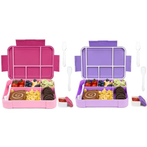 Bugucat Brotdose Kinder mit Fächern 1330ML 2 Set,Lunchbox Kinder Bento Box Auslaufsicher mit 6 Fächern Besteckset,Vesperdose Frühstücksbox für Mädchen,Jausenbox Brotdose für Erwachsene Rosa Lila von Bugucat