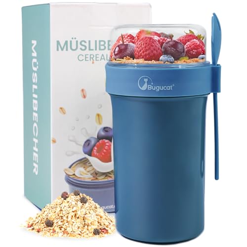 Bugucat Müslibecher to Go 760ml+230ml, Joghurtbecher to Go mit Dressing Behälter Müsli to go mit Löffel und Deckel, Auslaufsicherer Obstbehälter Praktischer Müslibecher für Picknick,Navy Blau von Bugucat