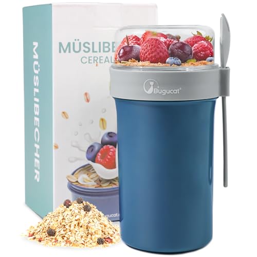 Bugucat Müslibecher to Go 760ml+230ml, Joghurtbecher mit Dressing Behälter Müsli to go Becher mit Löffel und Deckel, Auslaufsicherer Obstbehälter Praktischer für Picknick,Blau von Bugucat