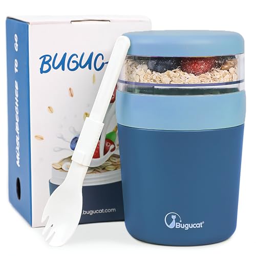 Bugucat Müslibecher to go, Joghurtbecher to go 150ML+500ML, Auslaufsicherer Yoghurt to go, Lunchpot mit Löffel, Obstbehälter Salatbecher für Unterwegs, Praktischer Porridge to go, Porridge to go, Blau von Bugucat