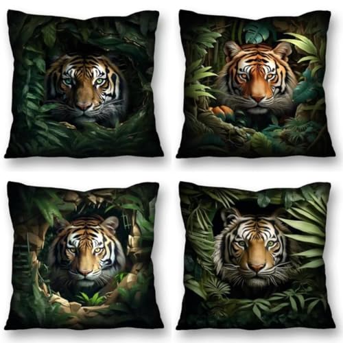 4er Set Kissenbezug 65x65 cm Outdoor Kissen Dschungel Tiger Leinen Sofakissen Dekokissen Kissenbezüge mit Verstecktem Reißverschluss für Wohnzimmer Schlafzimmer Couch Gartenbett Auto Home Dekorative von Bugufen