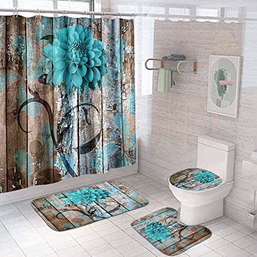 4-teiliges Blumenduschvorhang-Set mit rutschfestem Teppich, Toilettendeckelabdeckung Badematte wasserdichtem Duschvorhang für Schmetterlinge Blumen Badeduschvorhang für Badezimmer (rustic03) von Bullpiano