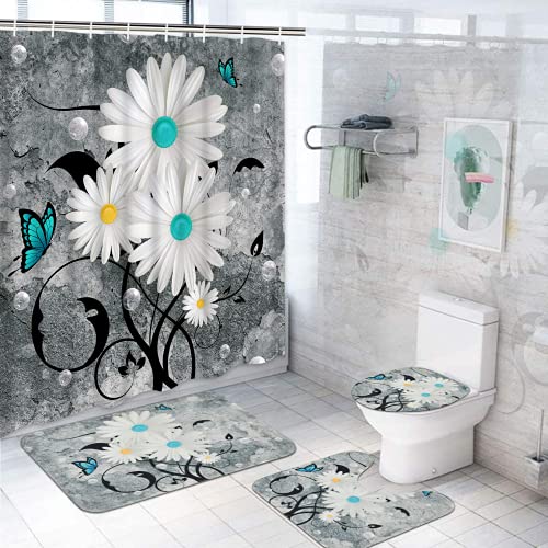 4Pcs Rose Duschvorhang Set mit rutschfesten Teppichen Toilettendeckel und Badematte Valentinstag Blumen Bad Vorhang Wasserdichter Polyester Duschvorhang für Badewanne mit 12 Haken 72x72in (A11) von Bullpiano