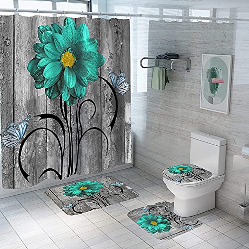 4Pcs Rose Duschvorhang Set mit rutschfesten Teppichen Toilettendeckel und Badematte Valentinstag Blumen Bad Vorhang Wasserdichter Polyester Duschvorhang für Badewanne mit 12 Haken 72x72in (A7) von Bullpiano