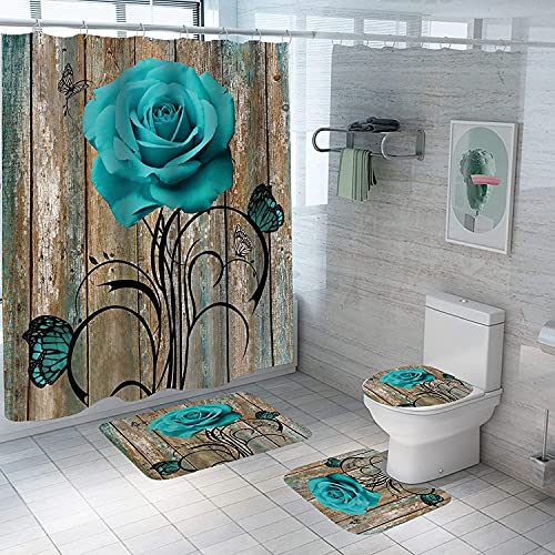 4Pcs Rose Duschvorhang Set mit rutschfesten Teppichen Toilettendeckel und Badematte Valentinstag Blumen Bad Vorhang Wasserdichter Polyester Duschvorhang für Badewanne mit 12 Haken 72x72in (A8) von Bullpiano