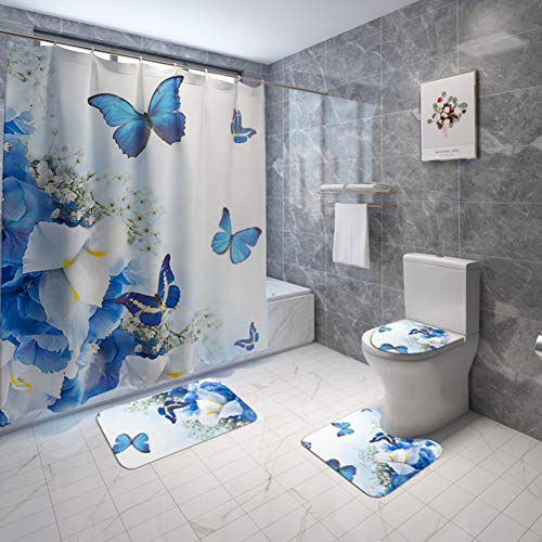 Bullpiano 4Pcs Rose Duschvorhang Set mit rutschfesten Teppichen Toilettendeckel und Badematte Valentinstag Blumen Bad Vorhang Wasserdichter Polyester Duschvorhang für Badewanne mit 12 Haken 72x72in von Bullpiano