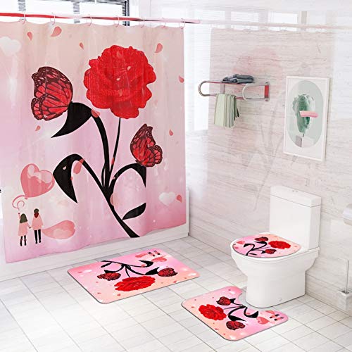 Bullpiano 4Pcs Rose Duschvorhang Set mit rutschfesten Teppichen Toilettendeckel und Badematte Valentinstag Blumen Bad Vorhang Wasserdichter Polyester Duschvorhang für Badewanne mit 12 Haken 72x72in von Bullpiano