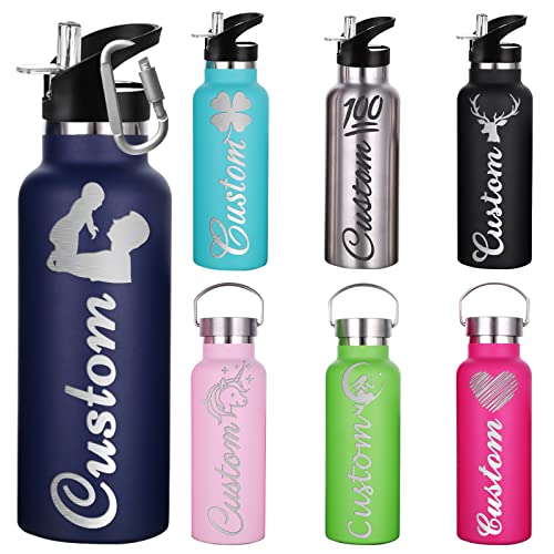 Busparst Personalisierte mit Strohhalm isolierte Wasserflaschen, individuell gravierte Sportwasserflasche mit Namen, maßgeschneiderte Edelstahl-Wasserflasche für Mädchen und Jungen. von Busparst