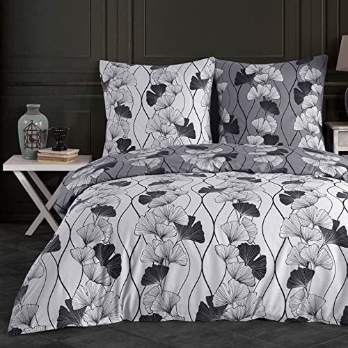 Buymax Bettwäsche 135x200 Baumwolle 2-Teilig Bettgarnitur mit Bettbezug und Kissenbezug 80x80 Renforce Bettwäsche-Set Wendbar Geblümt Blumen-Muster, Grau Weiß Schwarz von Buymax