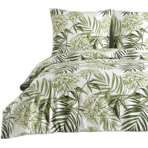 Buymax Bettwäsche 155x220 Baumwolle 2-Teilig Bettgarnitur mit Bettbezug und Kissenbezug 80x80 Renforce Bettwäsche-Set Botanisch Geblümt Blumen-Muster Blätter, Grün Weiß von Buymax