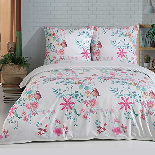 Buymax Bettwäsche 155x220 Baumwolle 2-Teilig Bettgarnitur mit Bettbezug und Kissenbezug 80x80 Renforce Bettwäsche-Set Schmetterlinge Geblümt Blumen-Muster, Weiß Bunt von Buymax