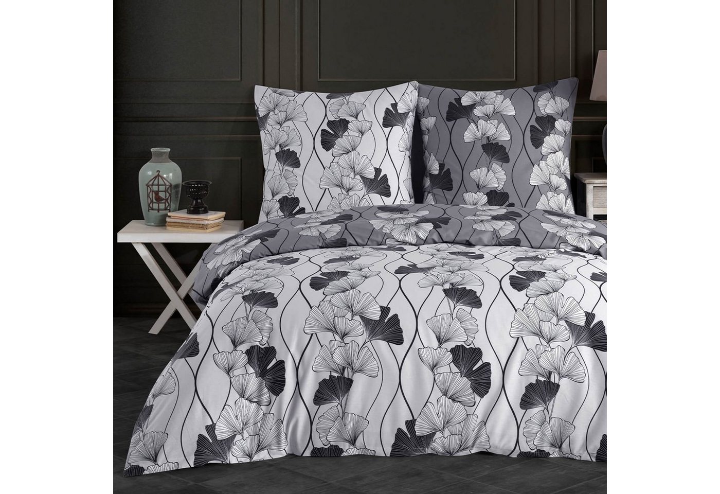 Bettwäsche, Buymax, Renforce: 100% Baumwolle, 2 teilig, 135x200 cm, mit Reißverschluss, Bettbezug-Set, Blumen, Grau, Schwarz von Buymax