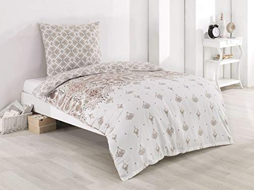 Buymax Bettwäsche 155x220 Baumwolle 2-Teilig Bettgarnitur mit Bettbezug und Kissenbezug 80x80 Renforce Bettwäsche-Set Wendbar Ornamente Paisley-Muster Blumen, Weiß Beige von Buymax