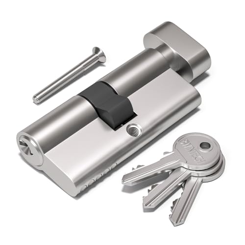 Bwintech 1 Stück 40/50T mm Euro Messingzylinder, 90mm Knauf/Schlüsselschloss mit 3 Standard Messingschlüsseln,Anti Picking,Anti Bohr,Anti Snap,Anti Bumping, Satin Nickel Finish von Bwintech