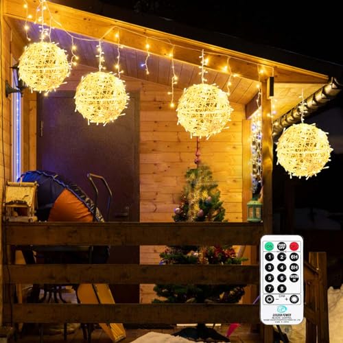 Bzavor Lichterkette Außen Hängend Kugel Große 20cm 4 Stück 8 Modi LED Ramadan Lichterkette Strom Outdoor IP65 Wasserdicht mit Stecker Fernsteuerung, für Eid-Dekoration Hochzeit Dekoration Ostern von Bzavor