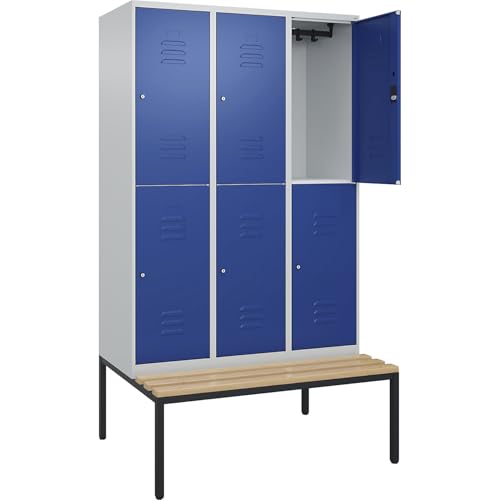 C+P | Doppelstock-Spind Classic Plus Sitzbank | 3 Abteile | lichtgrau/enzianblau | B 1200 mm | Zylinderschloss | untergebaut | Buche-Hartholz C+P | Doppelstock-Spind Classic Plus Sitzbank | 3 Abteile | lichtgrau/enzianblau | B 1200 mm | Zylinderschloss | untergebaut | Buche-Hartholz von C + P Möbelsysteme