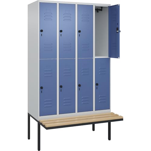 C+P | Doppelstock-Spind Classic Plus Sitzbank | 4 Abteile | lichtgrau/fernblau | B 1200 mm | Sicherheits-Drehriegel | auskragend | Buche-Hartholz C+P | Doppelstock-Spind Classic Plus Sitzbank | 4 Abteile | lichtgrau/fernblau | B 1200 mm | Sicherheits-Drehriegel | auskragend | Buche-Hartholz von C + P Möbelsysteme