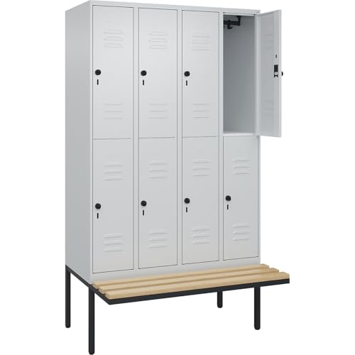 C+P | Doppelstock-Spind Classic Plus Sitzbank | 4 Abteile | lichtgrau | B 1200 mm | Sicherheits-Drehriegel | auskragend | Buche-Hartholz C+P | Doppelstock-Spind Classic Plus Sitzbank | 4 Abteile | lichtgrau | B 1200 mm | Sicherheits-Drehriegel | auskragend | Buche-Hartholz von C + P Möbelsysteme