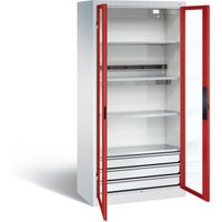 C+P Akku-Ladeschrank für 5 E-Werkzeuge, 3 Schubladen, Sichtfenster, H1950xB930xT500mm, Feuerrot/Lichtgrau von C + P Möbelsysteme