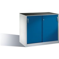 C+P Werkzeug-Beistellschrank mit Schiebetüren, innen 1 Boden, H1000xB1200xT600mm Front Enzianblau Korpus Lichtgrau von C + P Möbelsysteme