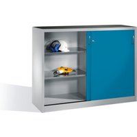 C+P Werkzeug-Beistellschrank mit Schiebetüren, innen 2 x 2 Böden, H1200xB1600xT400mm Front Lichtblau Korpus Lichtgrau von C + P Möbelsysteme