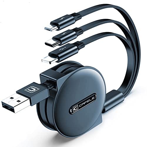 CAFELE 3 in 1 Einziehbares Ladekabel[𝟮𝟬-𝟭𝟮𝟬𝐂𝐌],5V/3A Sichere Schnell Aufrollbare Kabel,Universal, Mehrfach Mit Typ C/MicroUSB/Phone für 14 13 12 Galaxy Huawei Xiaomi (Dunkelblau) von CAFELE