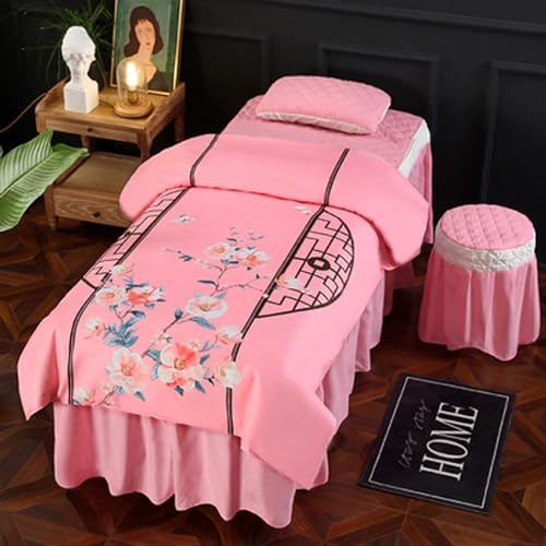 Massagetisch-Bettbezug mit Loch, hochwertiger Kosmetiktischbezug, vierteilig, europäische Baumwolle, für alle Jahreszeiten, universell einsetzbar, einfaches Schönheitssalon-Massage-Shampoo-Bett (Rosa von CAFIEDR