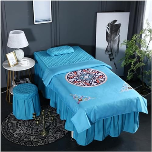Massagetisch-Bettbezug mit Loch, hochwertiger Kosmetiktischbezug, vierteilig, europäische Baumwolle, für alle Jahreszeiten, universell einsetzbar, einfaches Schönheitssalon-Massage-Shampoo-Bett (blau von CAFIEDR