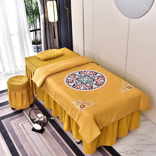 Massagetisch-Bettbezug mit Loch, hochwertiger Kosmetiktischbezug, vierteilig, europäische Baumwolle, für alle Jahreszeiten, universell einsetzbar, einfaches Schönheitssalon-Massage-Shampoo-Bett (gelb von CAFIEDR