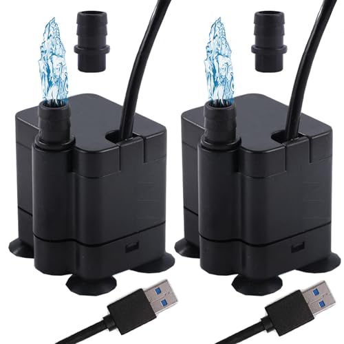 2 stück USB Mini Wasserpumpen(180L/H, 3W), Ultra Leise Aquarium pumpe mit hohem Hub, brunnenpumpe mit 1,5 m Netzkabel,für Aquarien, Teich, Brunnen, Statuen, Hydrokultur,Wasserpumpe Klein USB von CAM2