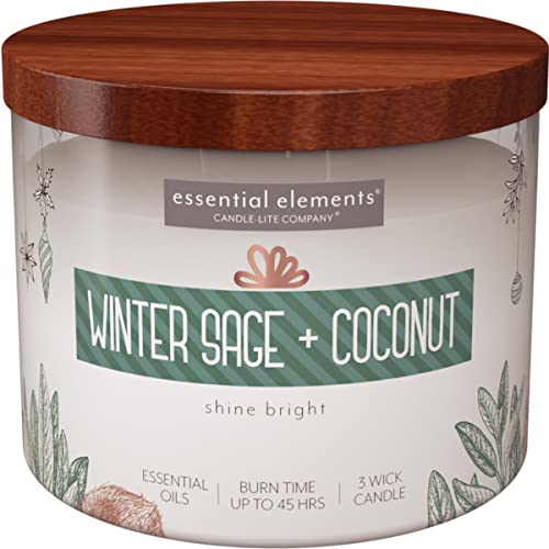 Candle Lite Essential Elements Duftkerze im Glas | Winter Sage & Coconut | Duftkerze Eukalyptus | 3 Docht Kerze | Kerzen lange Brenndauer (45h) | Große Kerze (418g) von CANDLE-LITE
