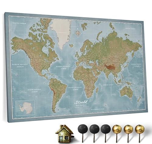 Hochwertige Canvas Weltkarte mit Kork-Pinnwand - Englische Beschriftung - Dekorative Wanddeko für alle Zimmer - Leinwandbilder mit Weltkarte Motiv (150x100 cm, Muster 8) von CANVASCALE