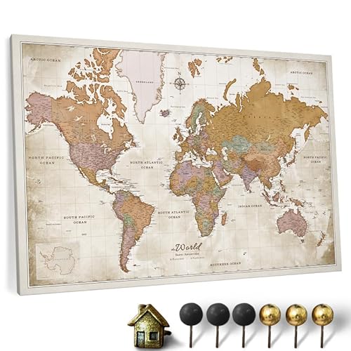 Hochwertige Canvas Weltkarte mit Kork-Pinnwand - Englische Beschriftung - Dekorative Wanddeko für alle Zimmer - Leinwandbilder mit Weltkarte Motiv (70x50 cm, Muster 22) von CANVASCALE