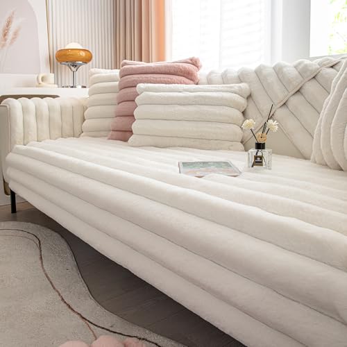 CANYUE Kaninchen Plüsch Sofabezug L Form 1/2/3/4 Sitzer Sofa Überzug, Weiche Dicke Plüschsofa Kissenbezüge, Sofaschutz Sofaüberwurfe Sofaschoner rutschfest Hund Katze (White,110x210cm) von CANYUE