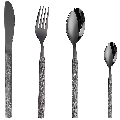 CAOPAOTI Besteckset Schwarz 6 Personen, Edelstahl Besteck Set 24-teilig, Steinmuster Design Essbesteck Sets mit Messer Gabel Löffel, Spülmaschinenfes von CAOPAOTI