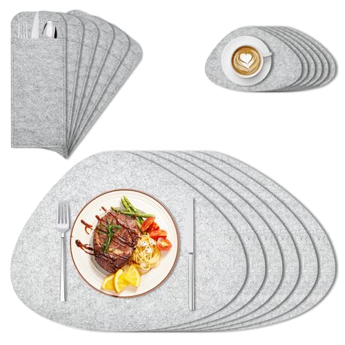 CAREDGO Tischsets Abwaschbar, 18er Platzsets Platzdeckchen Filz Set Tischuntersetzer Tischunterlage Esstisch 43cm * 33cm Grauer Untersetzer Besteckhalter Placemats Tisch Platzset zum Bestecken von CAREDGO