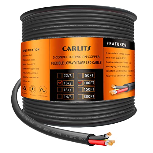 CARLITS 18 Gauge 3 Leiter Elektrokabel, 30.48M 3x0,8mm² Schwarzes, Verseiltes Niederspannungs 18/3 Kabel aus PVC, Flexibles Verlängerungskabel für LED Lampe von CARLITS