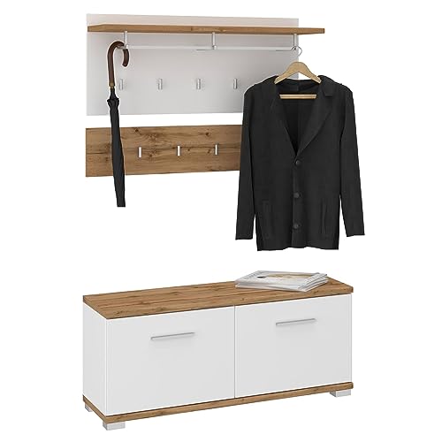 CARO-Möbel Garderobenset BILBAO 3-teilig, Wotan Eiche/Weiß, ideal für Flur und Eingangsbereich, mit 9 Haken, Kleiderstange, Hutablage und Schuhbank von CARO-Möbel
